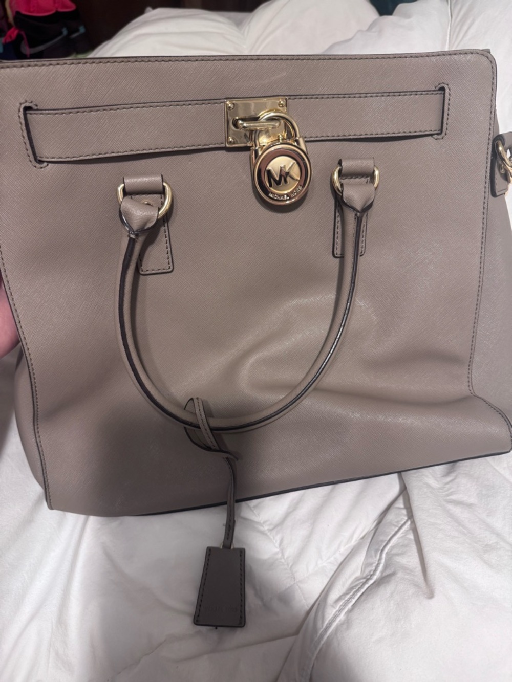 Michael Kors Taupe Leather Saffiano Tote with Gold Hardware and Matching Wallet